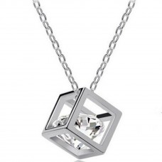 Sterling Silver Cube Clear Diamond Shape Pendant Necklace